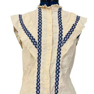 Cider Ivory Blue Embroidered Cotton Boho Top